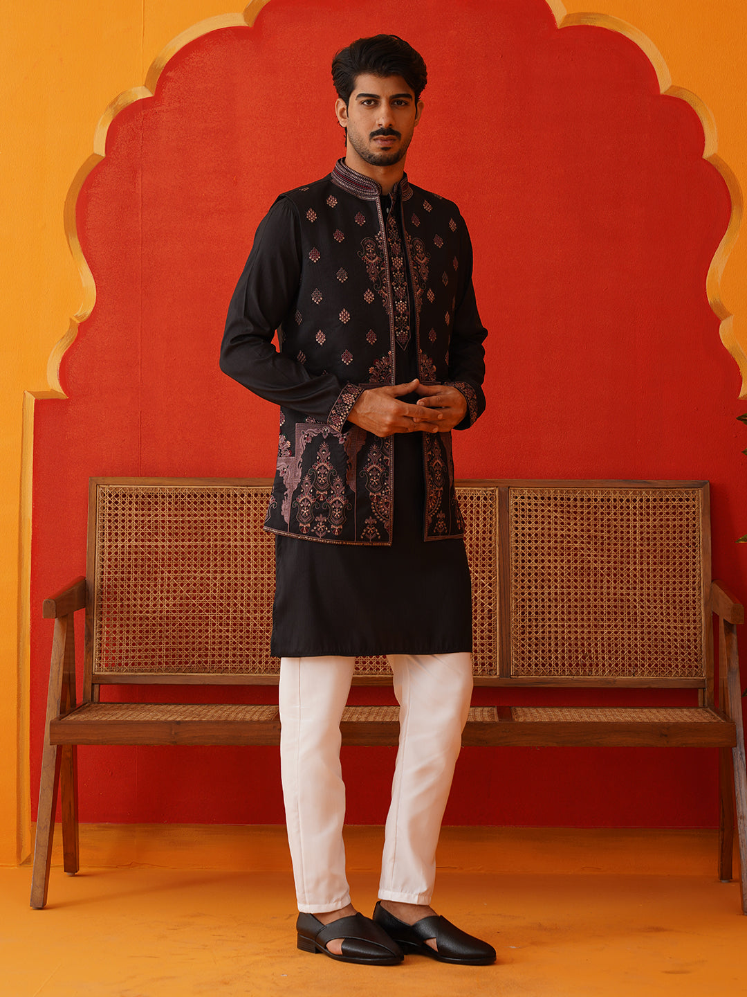 Embroidered Waistcoat & Solid Kurta Pyjama For Men ( JOKPWCS 5139Black )