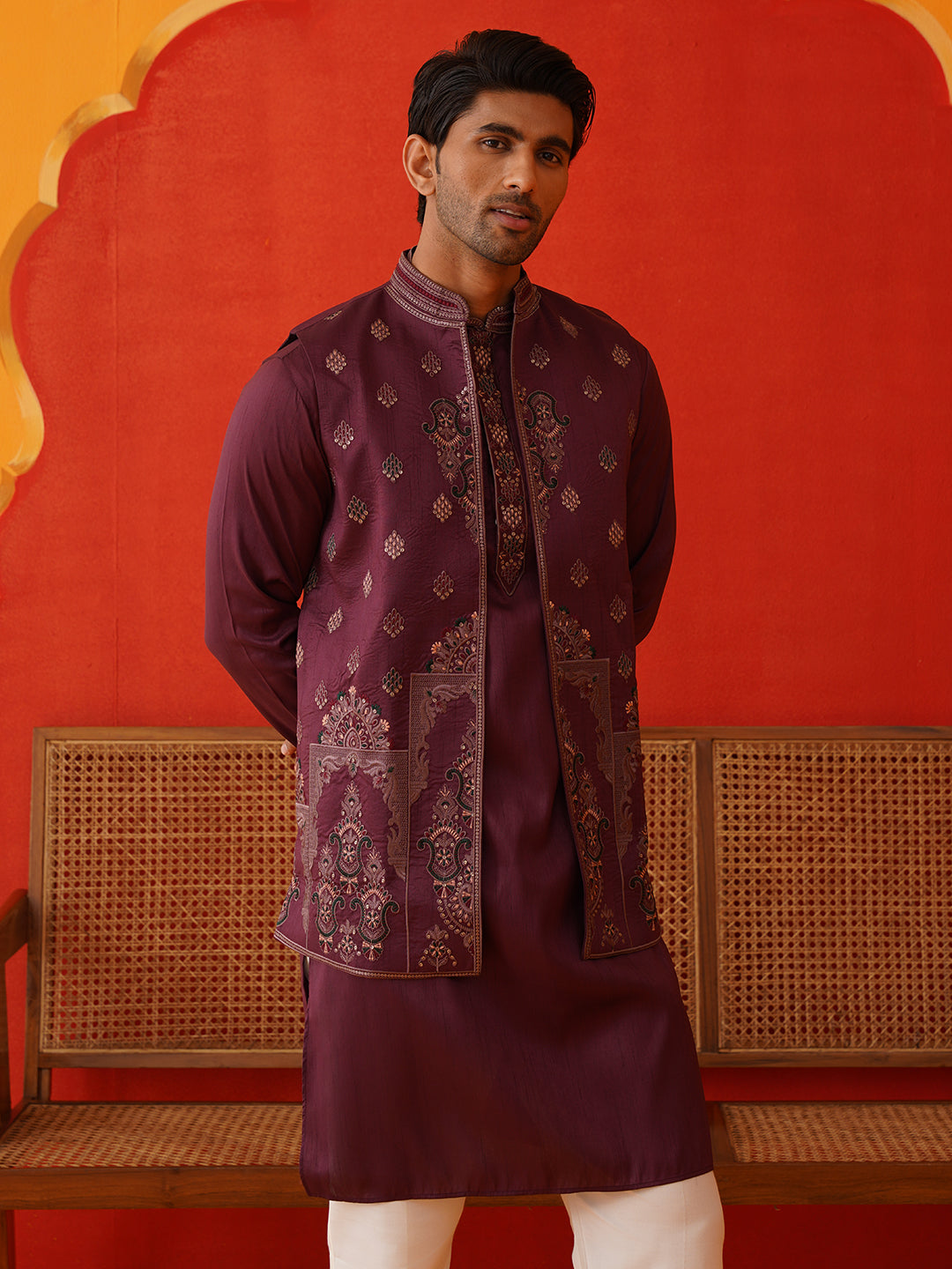 Embroidered Waistcoat & Solid Kurta Pyjama For Men ( JOKPWCS 5139Purple )