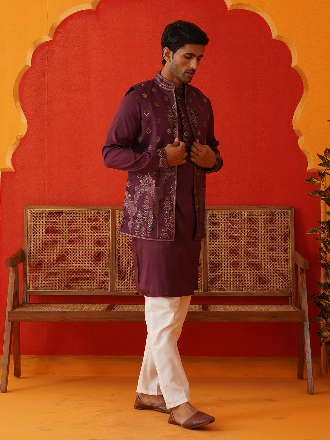 Embroidered Waistcoat & Solid Kurta Pyjama For Men ( JOKPWCS 5139Purple )