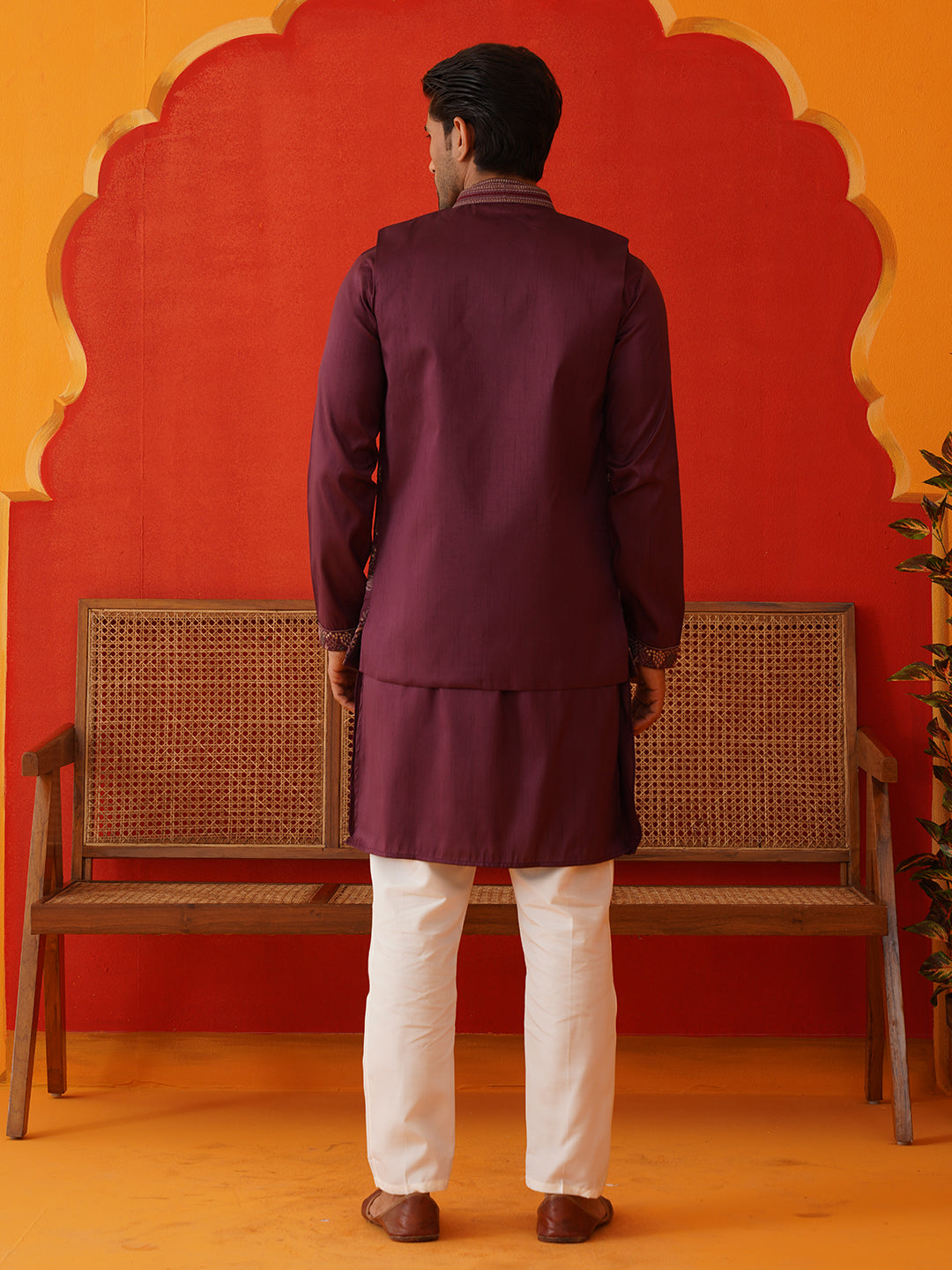 Embroidered Waistcoat & Solid Kurta Pyjama For Men ( JOKPWCS 5139Purple )