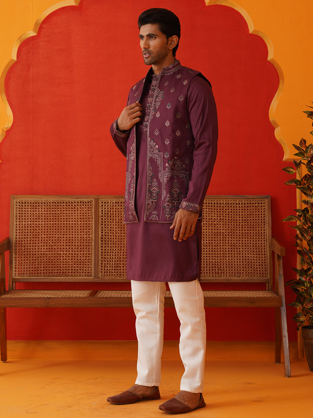 Embroidered Waistcoat & Solid Kurta Pyjama For Men ( JOKPWCS 5139Purple )