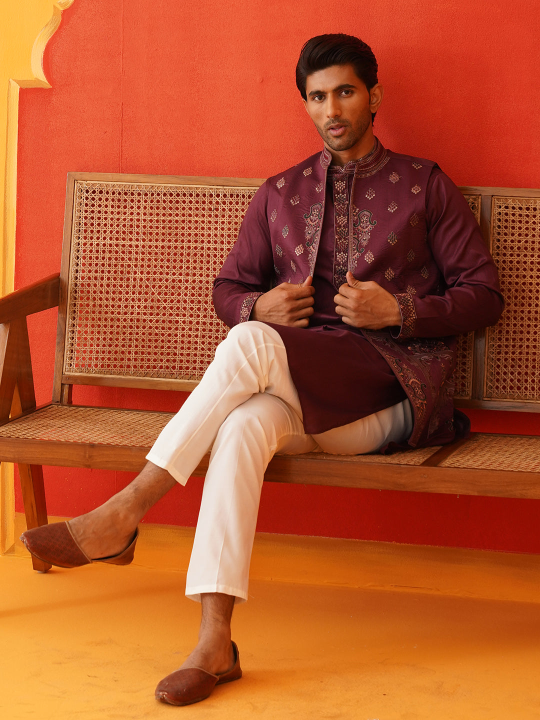 Embroidered Waistcoat & Solid Kurta Pyjama For Men ( JOKPWCS 5139Purple )