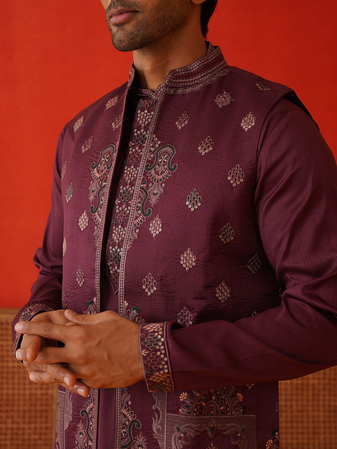 Embroidered Waistcoat & Solid Kurta Pyjama For Men ( JOKPWCS 5139Purple )