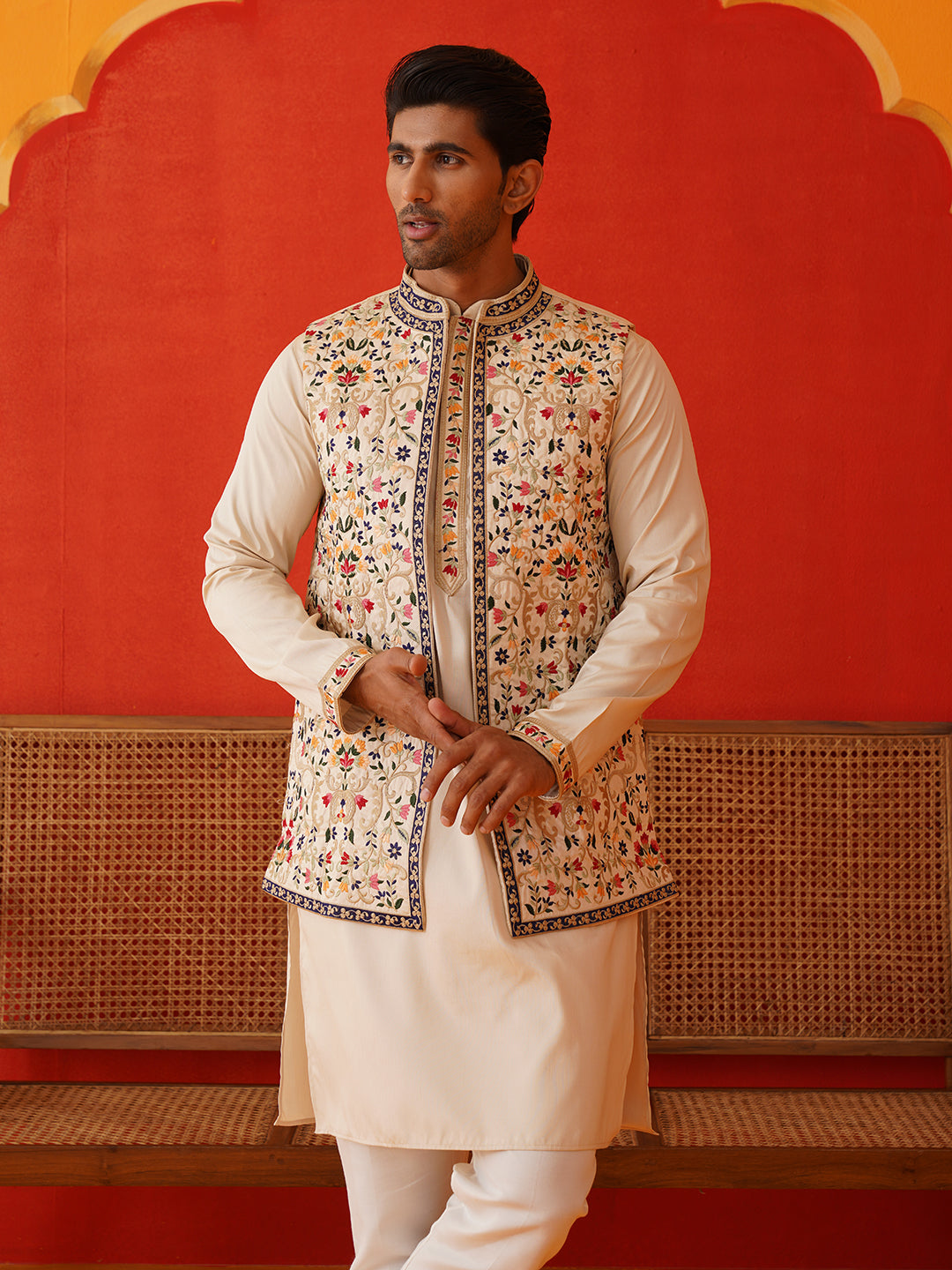 Embroidered Waistcoat & Solid Kurta Pyjama For Men ( JOKPWCS 5143Cream )