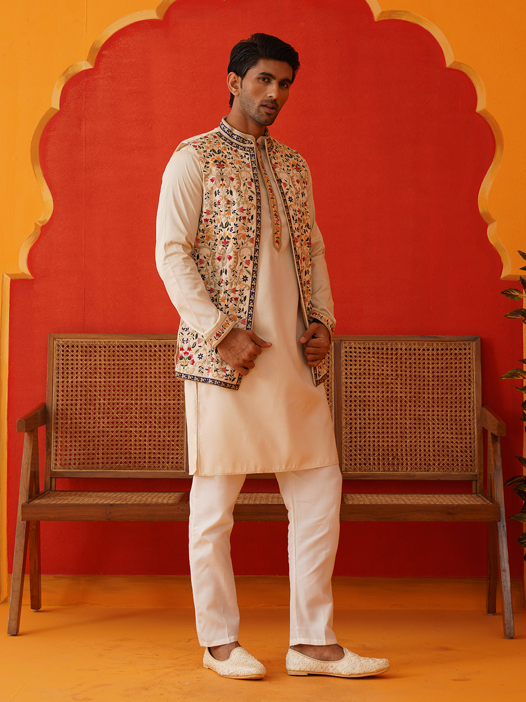 Embroidered Waistcoat & Solid Kurta Pyjama For Men ( JOKPWCS 5143Cream )