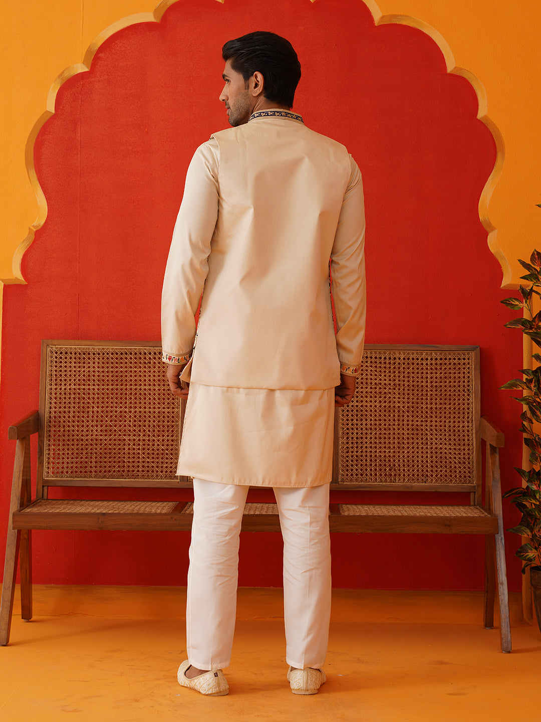 Embroidered Waistcoat & Solid Kurta Pyjama For Men ( JOKPWCS 5143Cream )
