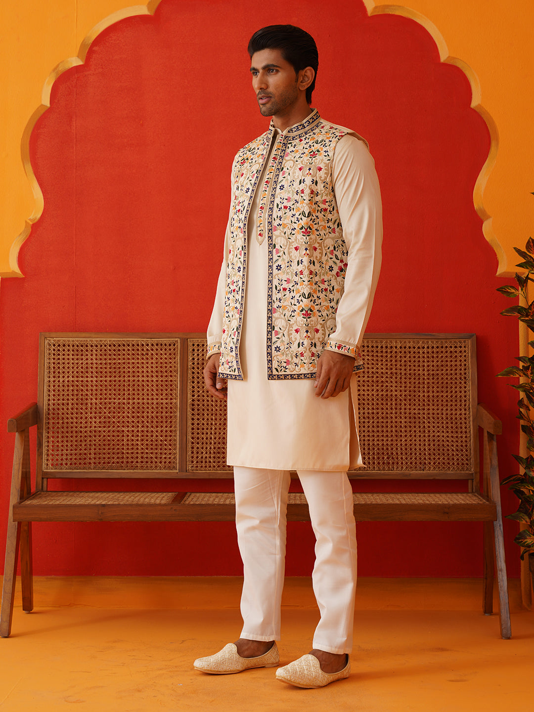 Embroidered Waistcoat & Solid Kurta Pyjama For Men ( JOKPWCS 5143Cream )