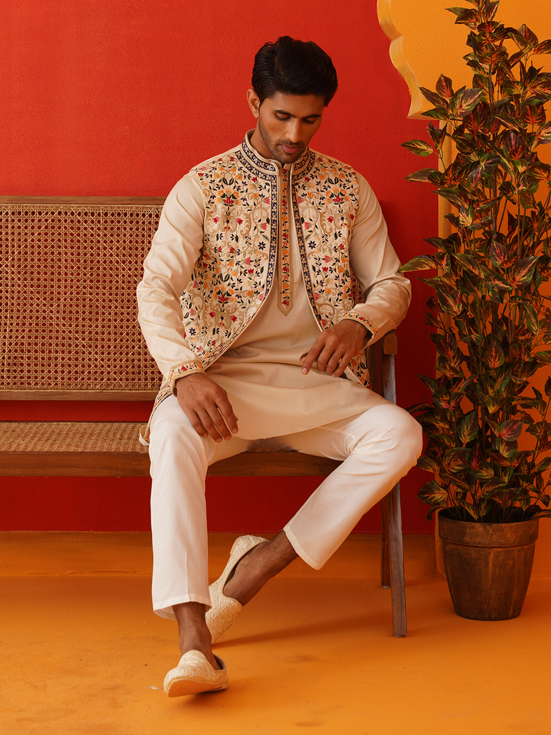 Embroidered Waistcoat & Solid Kurta Pyjama For Men ( JOKPWCS 5143Cream )