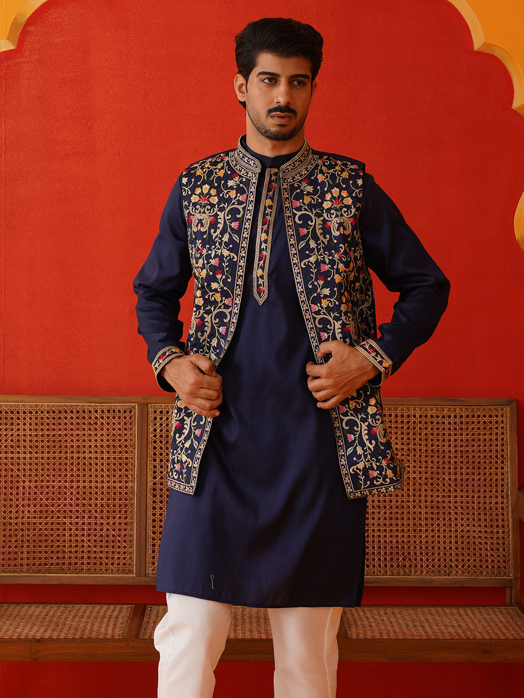 Embroidered Waistcoat & Solid Kurta Pyjama For Men ( JOKPWCS 5143Navy )