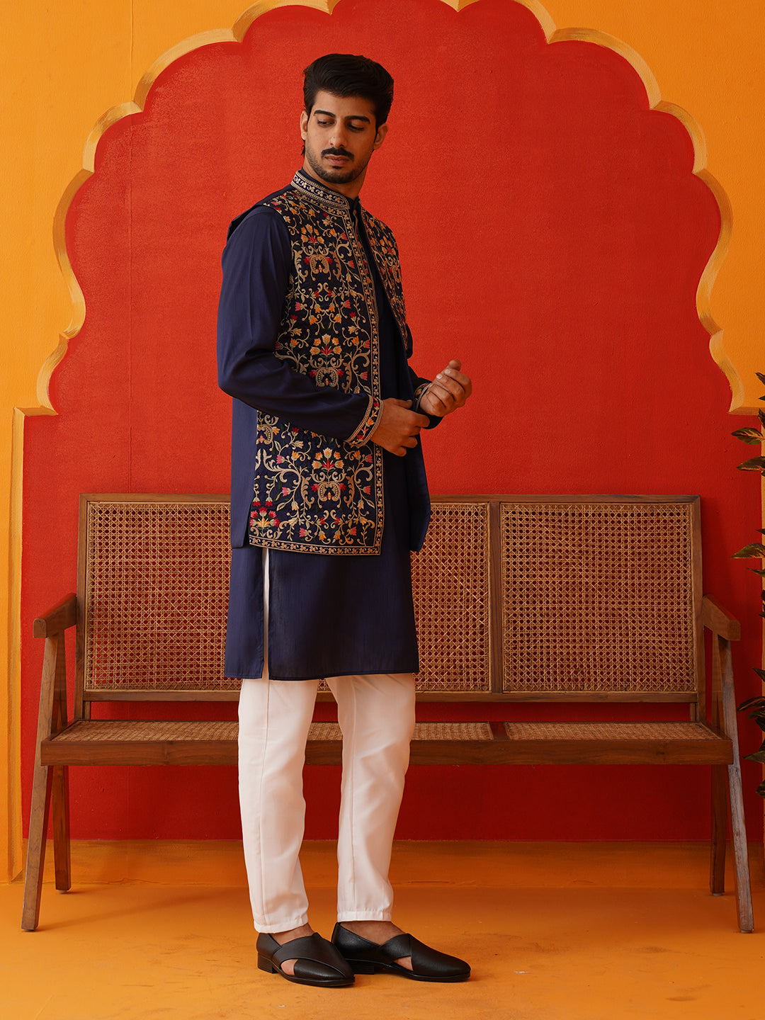 Embroidered Waistcoat & Solid Kurta Pyjama For Men ( JOKPWCS 5143Navy )