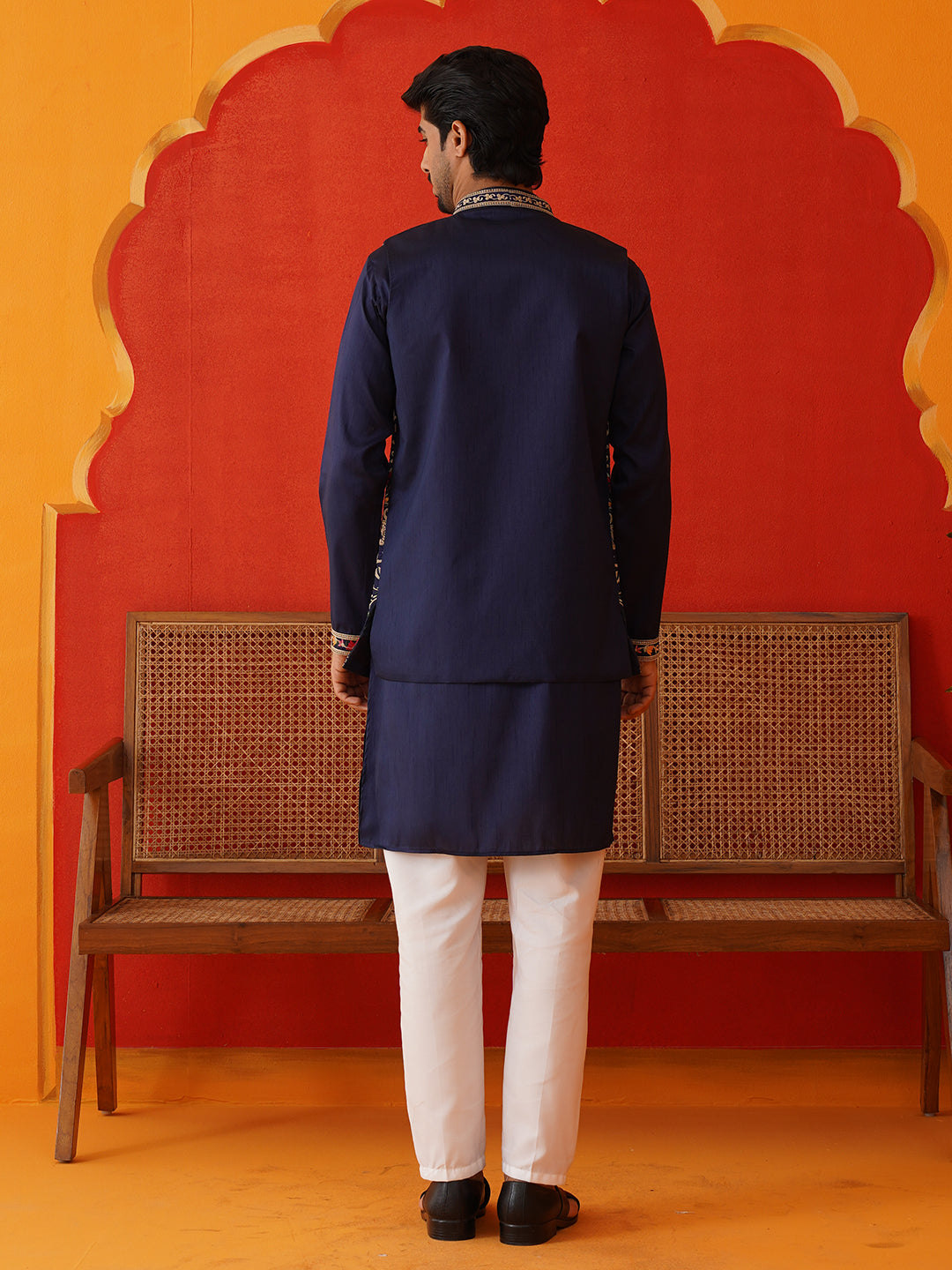 Embroidered Waistcoat & Solid Kurta Pyjama For Men ( JOKPWCS 5143Navy )