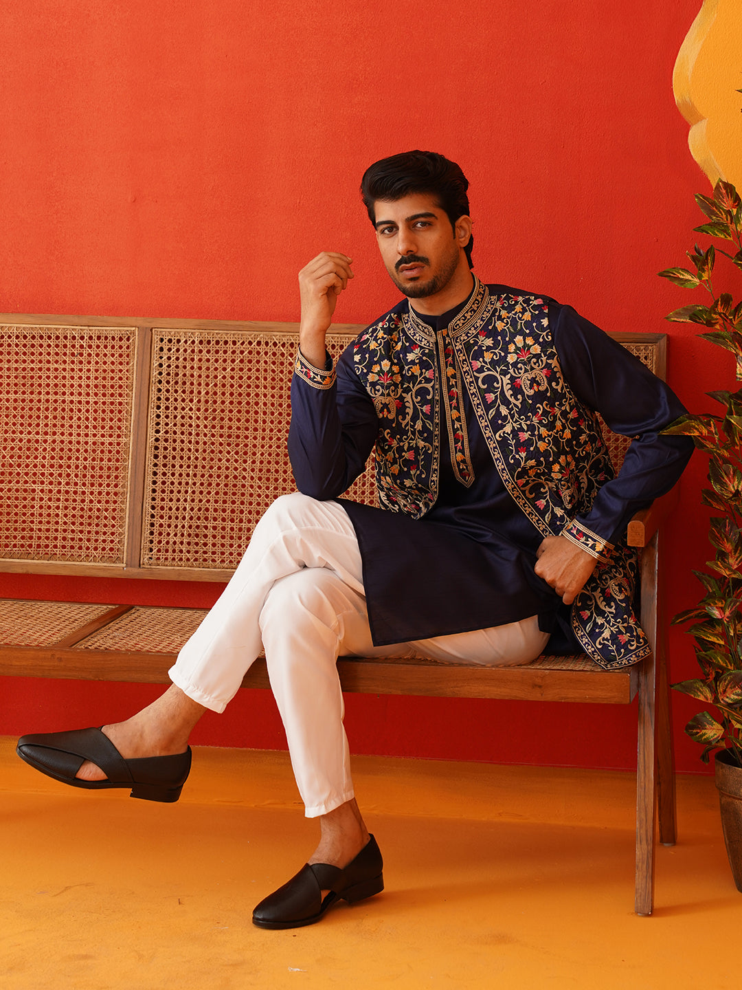 Embroidered Waistcoat & Solid Kurta Pyjama For Men ( JOKPWCS 5143Navy )