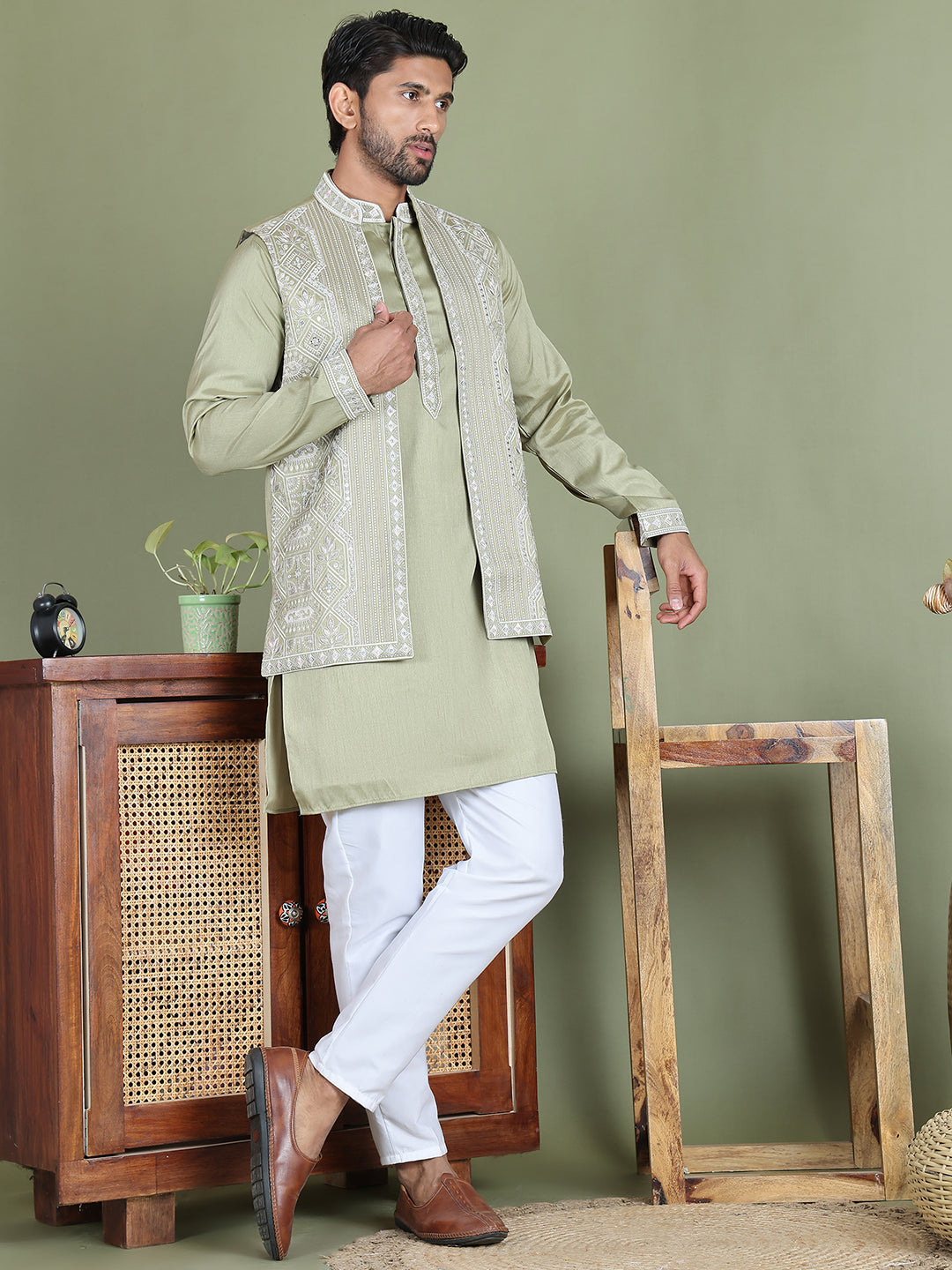Embroidered Waistcoat and Kurta Pyjama For Men ( JOKPWCS 5164Pista )