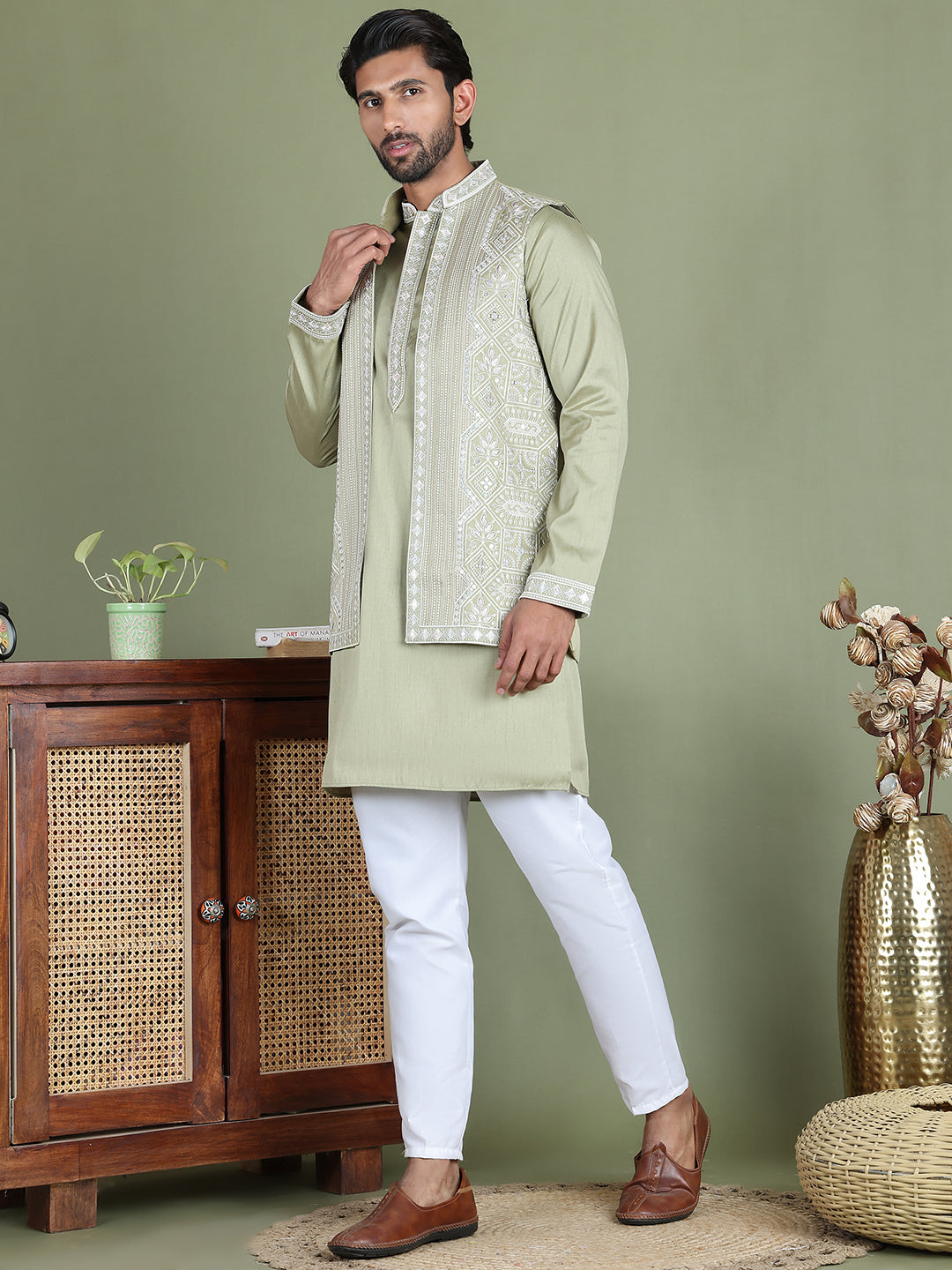 Embroidered Waistcoat and Kurta Pyjama For Men ( JOKPWCS 5164Pista )