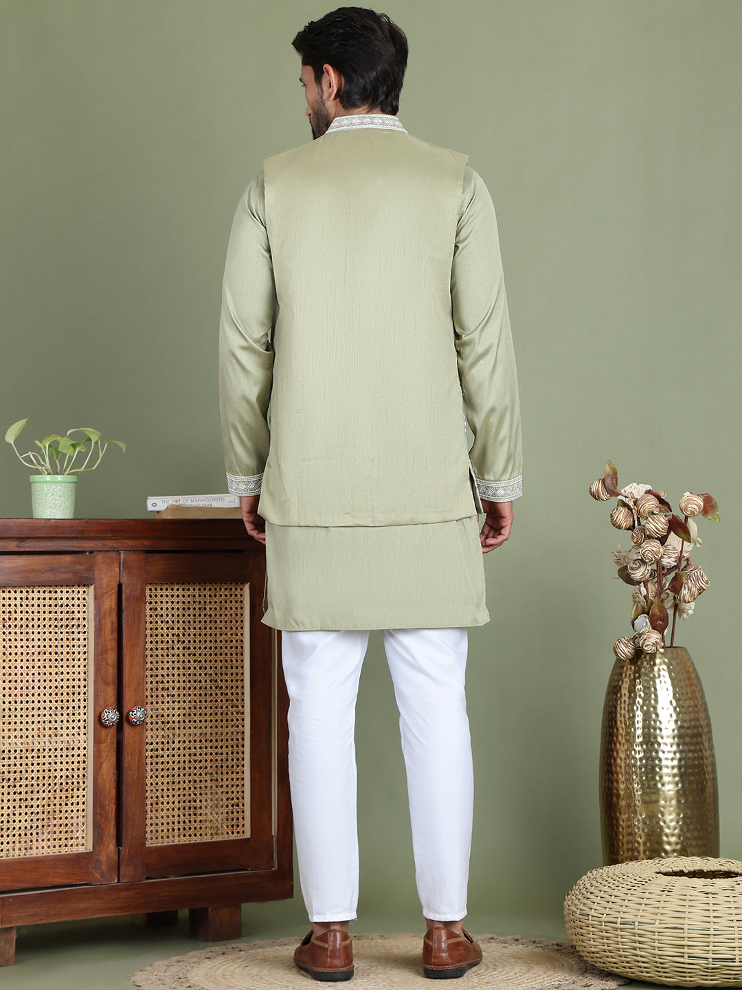 Embroidered Waistcoat and Kurta Pyjama For Men ( JOKPWCS 5164Pista )