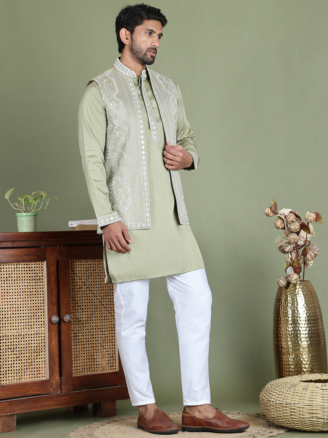 Embroidered Waistcoat and Kurta Pyjama For Men ( JOKPWCS 5164Pista )