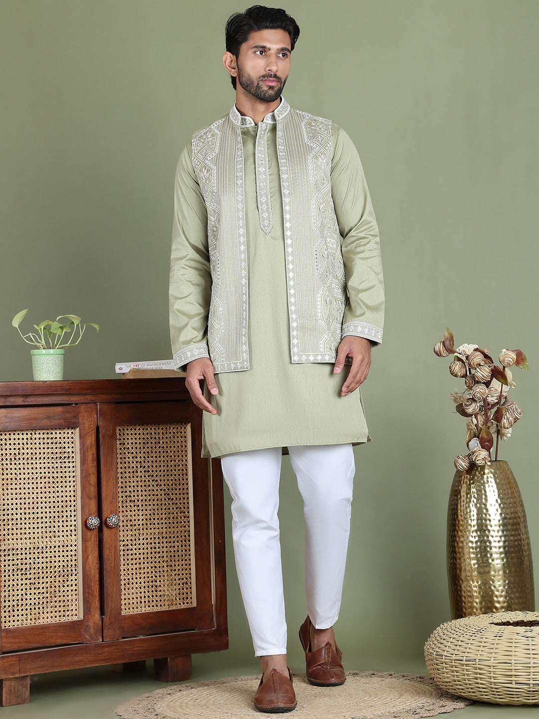 Embroidered Waistcoat and Kurta Pyjama For Men ( JOKPWCS 5164Pista )