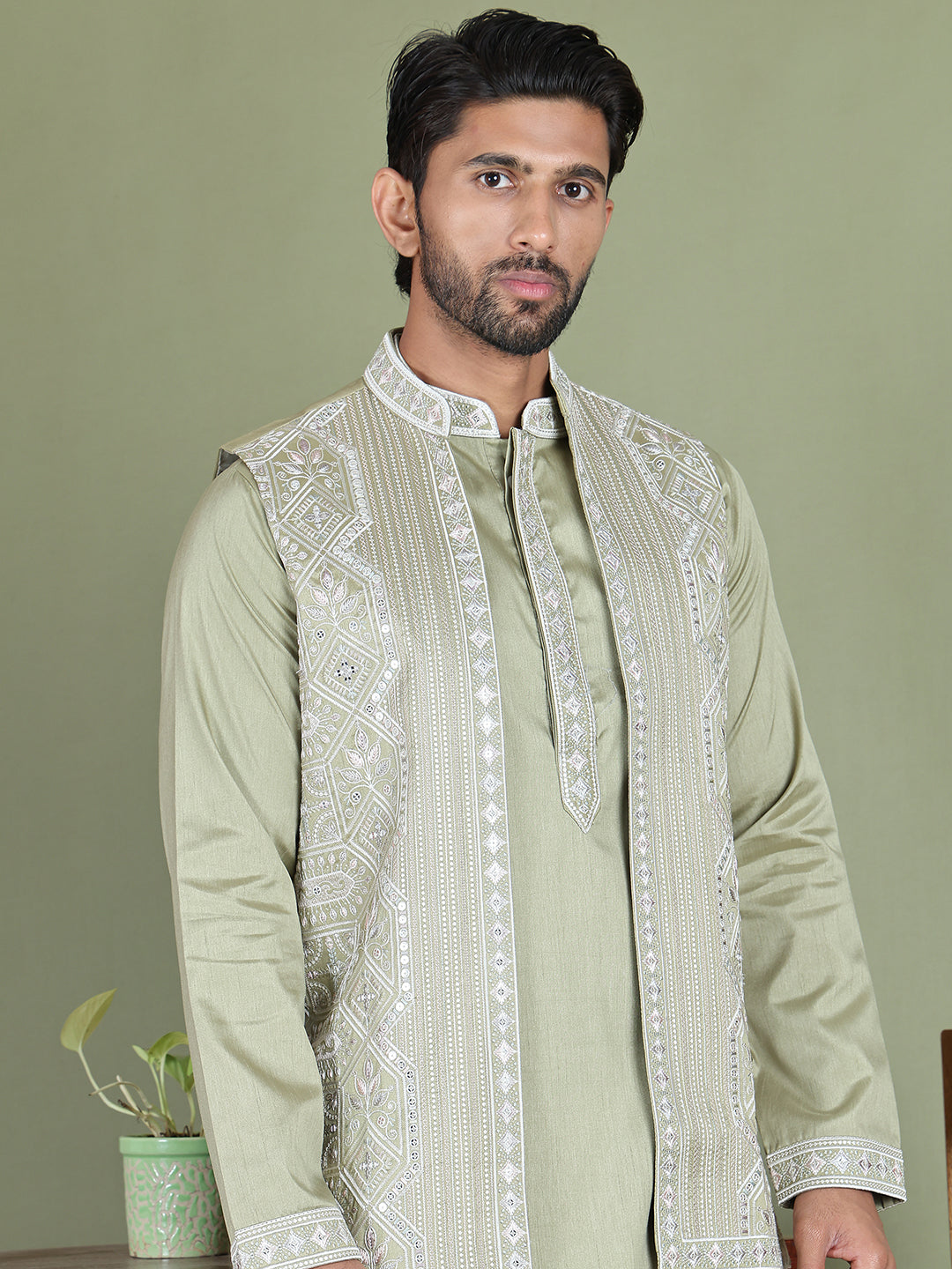 Embroidered Waistcoat and Kurta Pyjama For Men ( JOKPWCS 5164Pista )