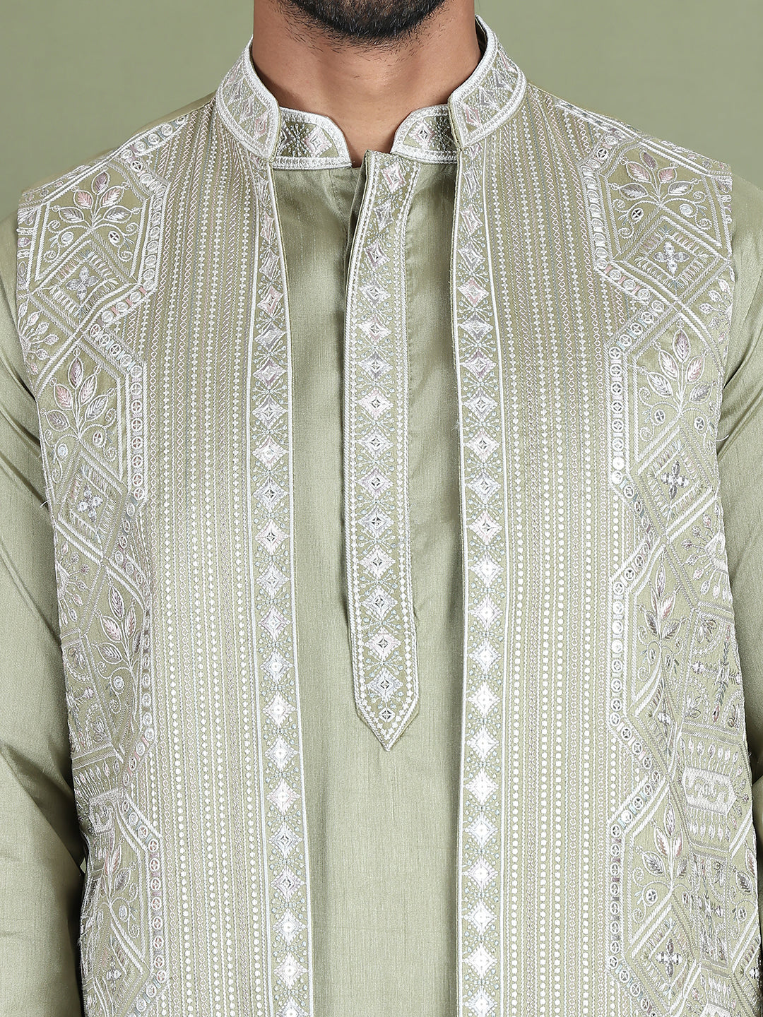 Embroidered Waistcoat and Kurta Pyjama For Men ( JOKPWCS 5164Pista )