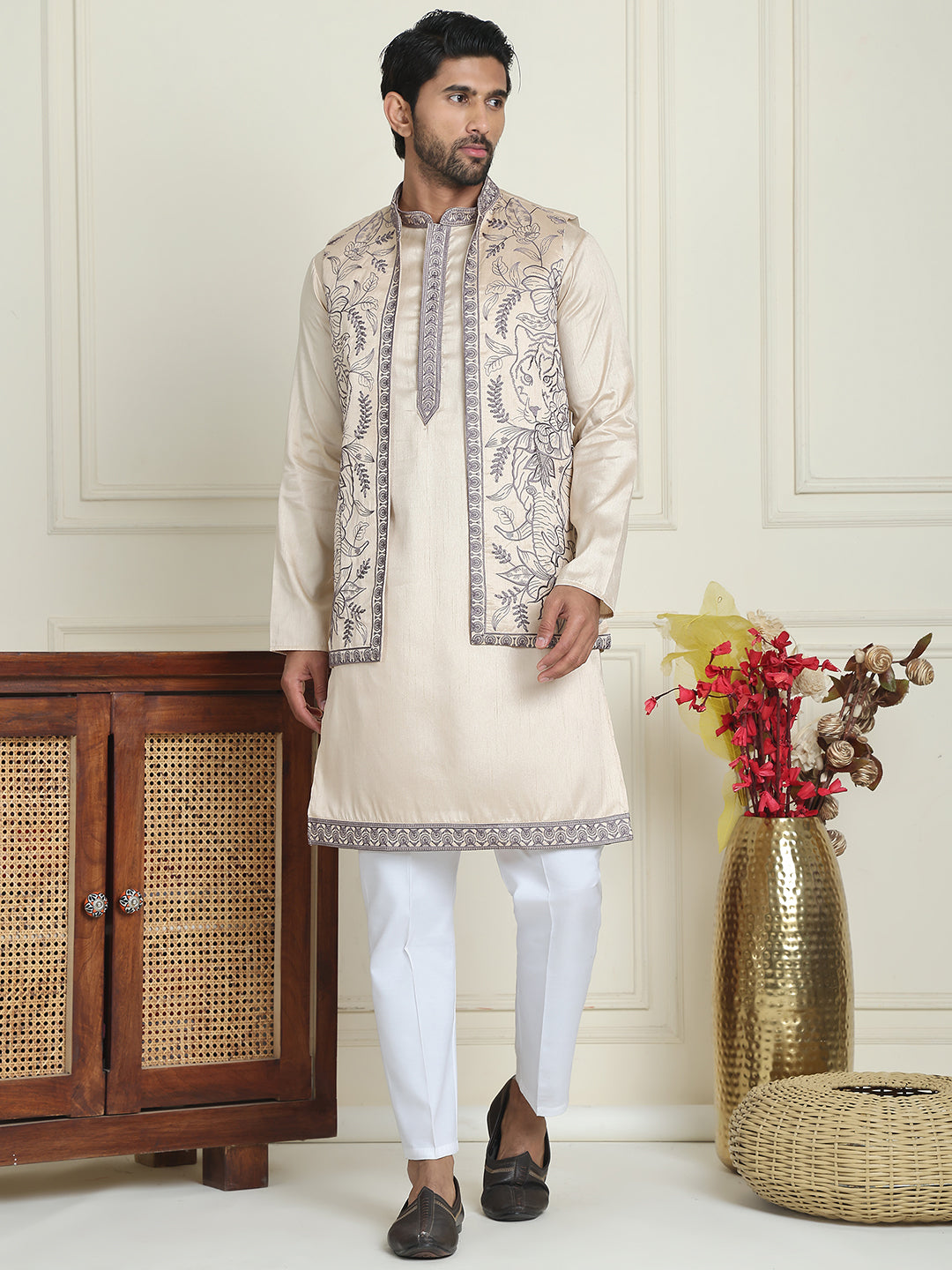 Embroidered Waistcoat & Solid Kurta Pyjama For Men ( JOKPWCS W 5206 Cream )