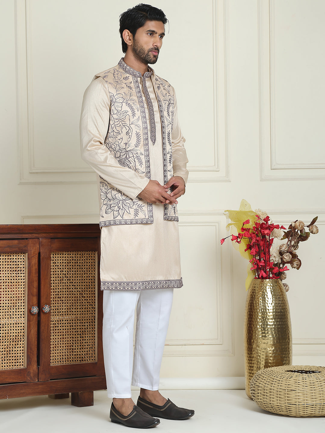 Embroidered Waistcoat & Solid Kurta Pyjama For Men ( JOKPWCS W 5206 Cream )