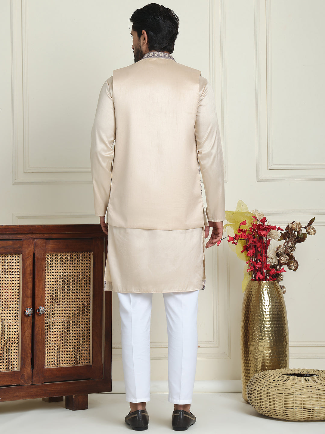Embroidered Waistcoat & Solid Kurta Pyjama For Men ( JOKPWCS W 5206 Cream )