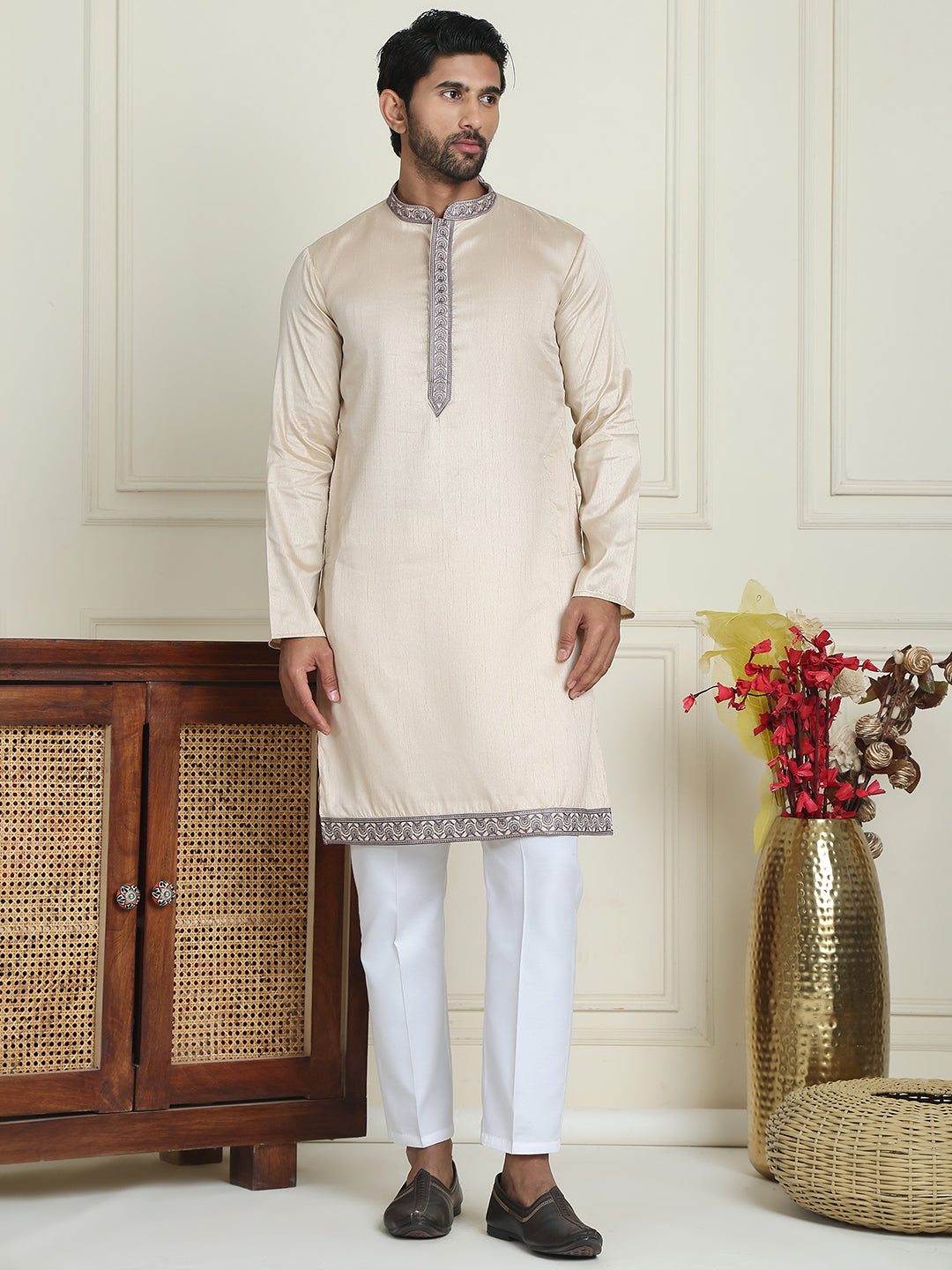 Embroidered Waistcoat & Solid Kurta Pyjama For Men ( JOKPWCS W 5206 Cream )