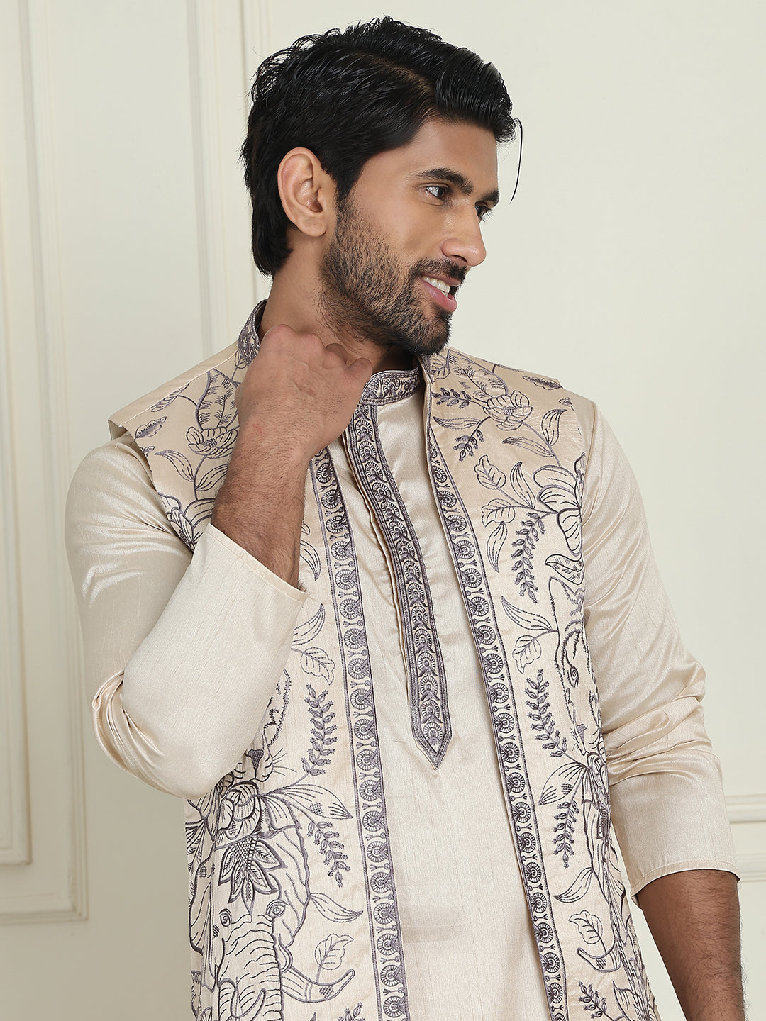 Embroidered Waistcoat & Solid Kurta Pyjama For Men ( JOKPWCS W 5206 Cream )