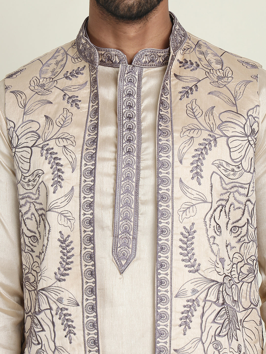 Embroidered Waistcoat & Solid Kurta Pyjama For Men ( JOKPWCS W 5206 Cream )