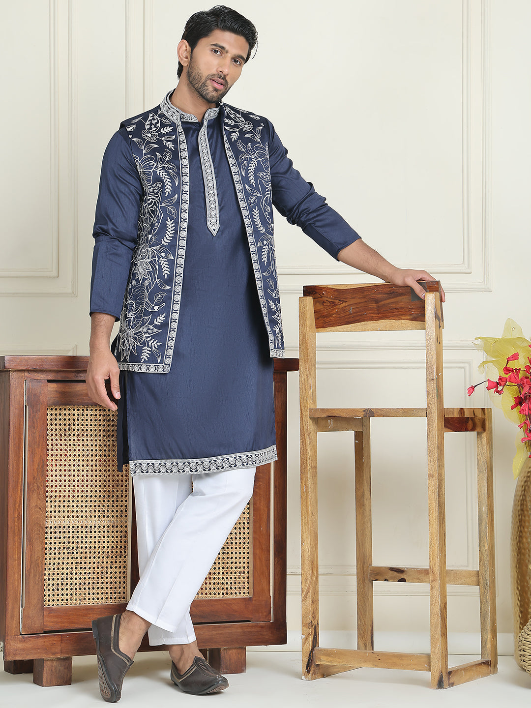 Embroidered Waistcoat & Solid Kurta Pyjama For Men ( JOKPWCS W 5206 Navy )