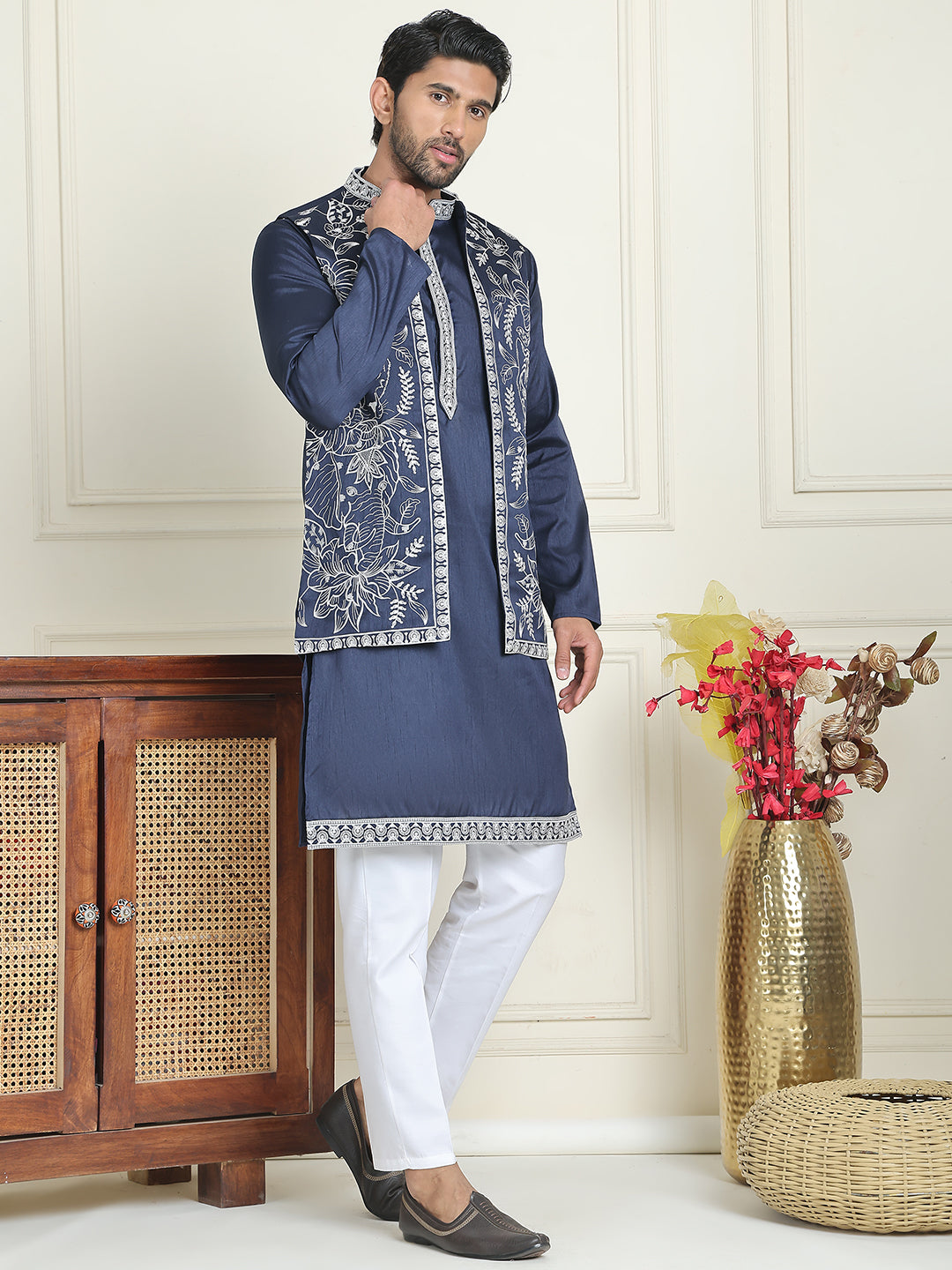 Embroidered Waistcoat & Solid Kurta Pyjama For Men ( JOKPWCS W 5206 Navy )