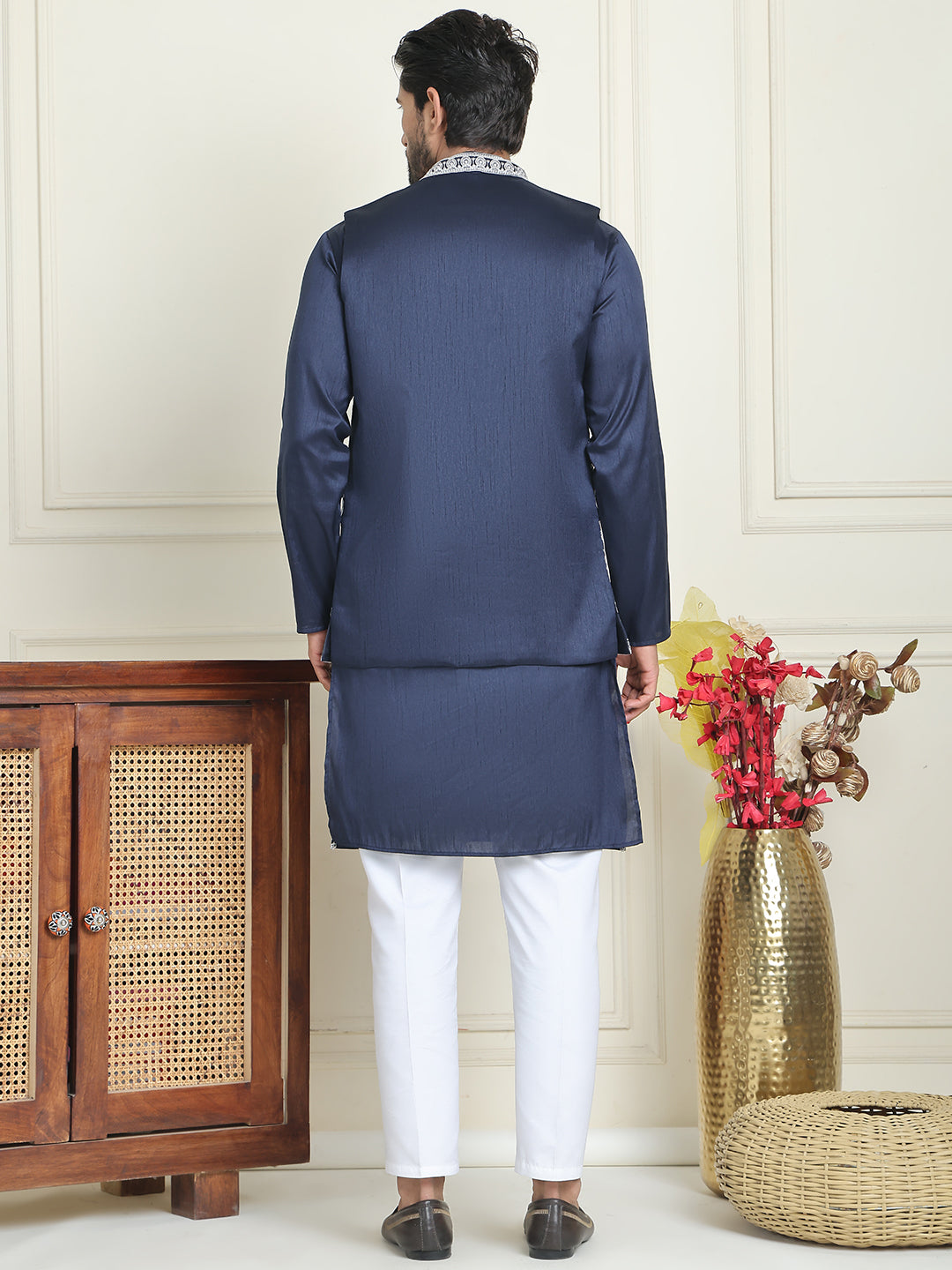 Embroidered Waistcoat & Solid Kurta Pyjama For Men ( JOKPWCS W 5206 Navy )