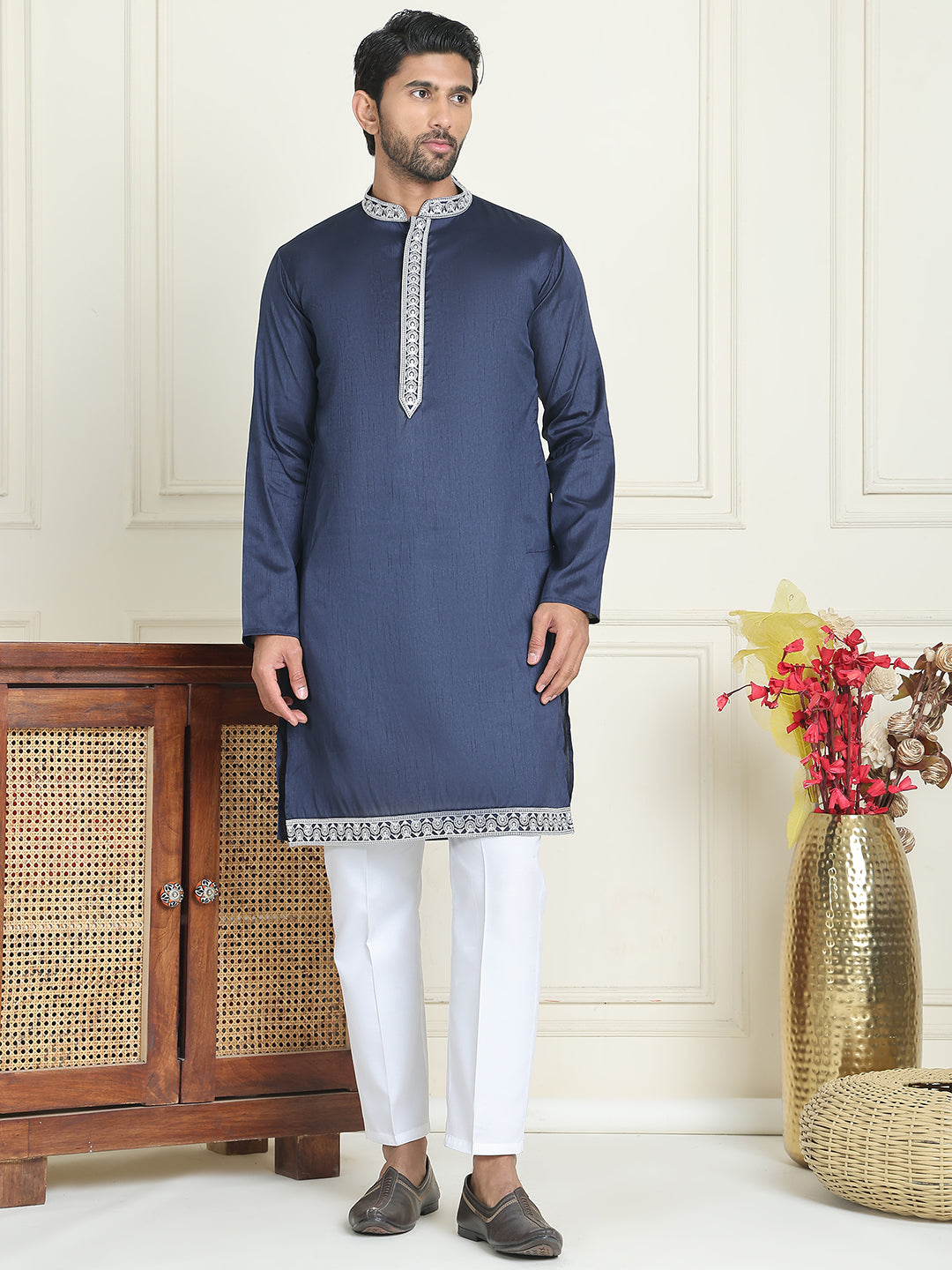 Embroidered Waistcoat & Solid Kurta Pyjama For Men ( JOKPWCS W 5206 Navy )
