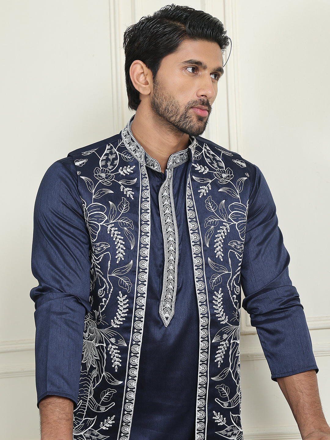 Embroidered Waistcoat & Solid Kurta Pyjama For Men ( JOKPWCS W 5206 Navy )
