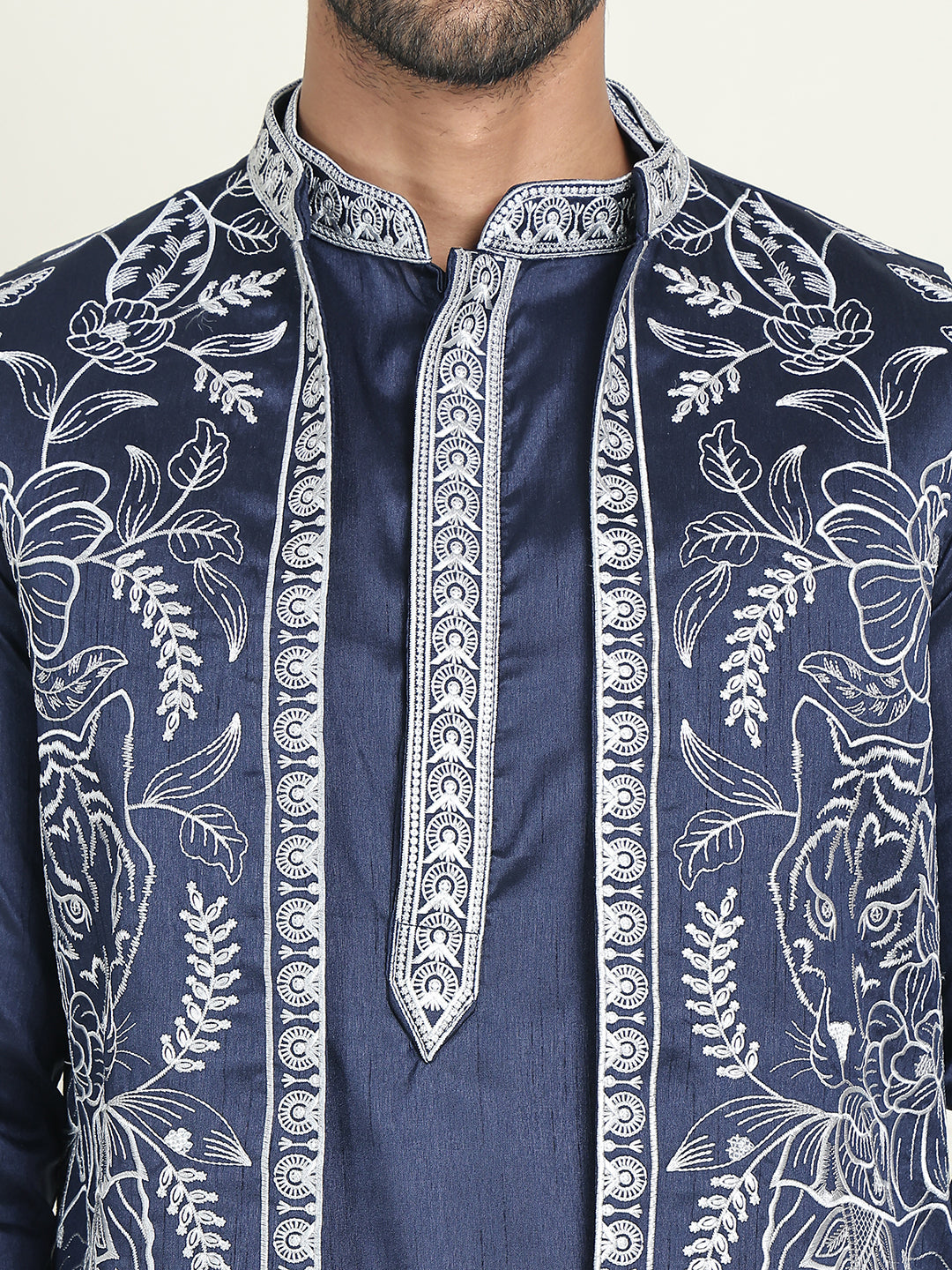 Embroidered Waistcoat & Solid Kurta Pyjama For Men ( JOKPWCS W 5206 Navy )