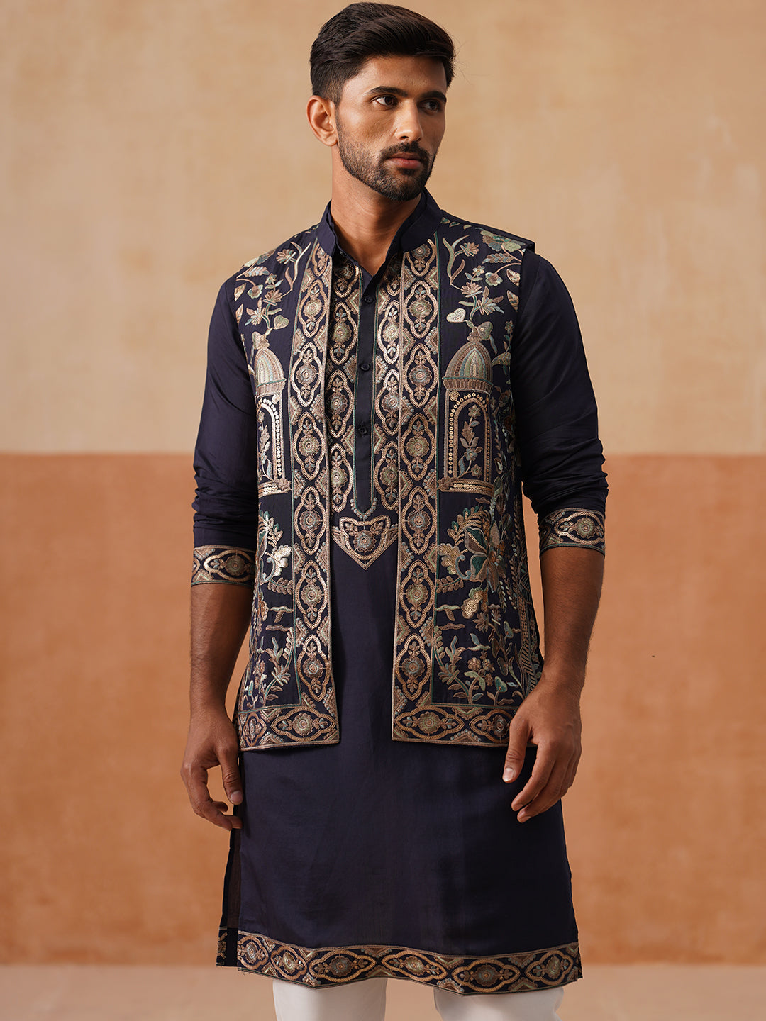 Embroidered Waistcoat and Kurta Pyjama For Men ( JOKPWCS 5239 Navy )