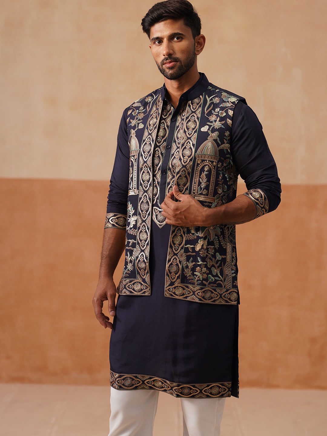 Embroidered Waistcoat and Kurta Pyjama For Men ( JOKPWCS 5239 Navy )