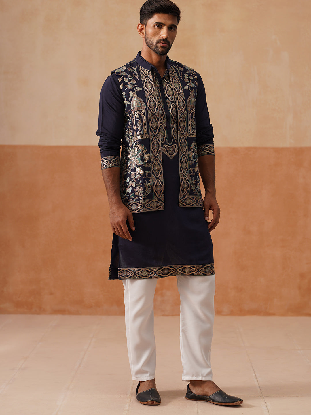 Embroidered Waistcoat and Kurta Pyjama For Men ( JOKPWCS 5239 Navy )