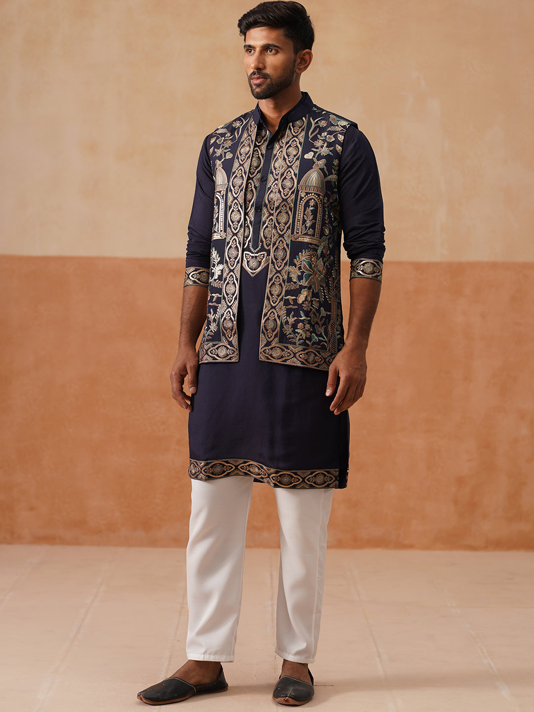 Embroidered Waistcoat and Kurta Pyjama For Men ( JOKPWCS 5239 Navy )
