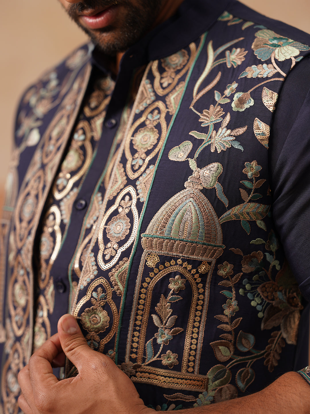 Embroidered Waistcoat and Kurta Pyjama For Men ( JOKPWCS 5239 Navy )