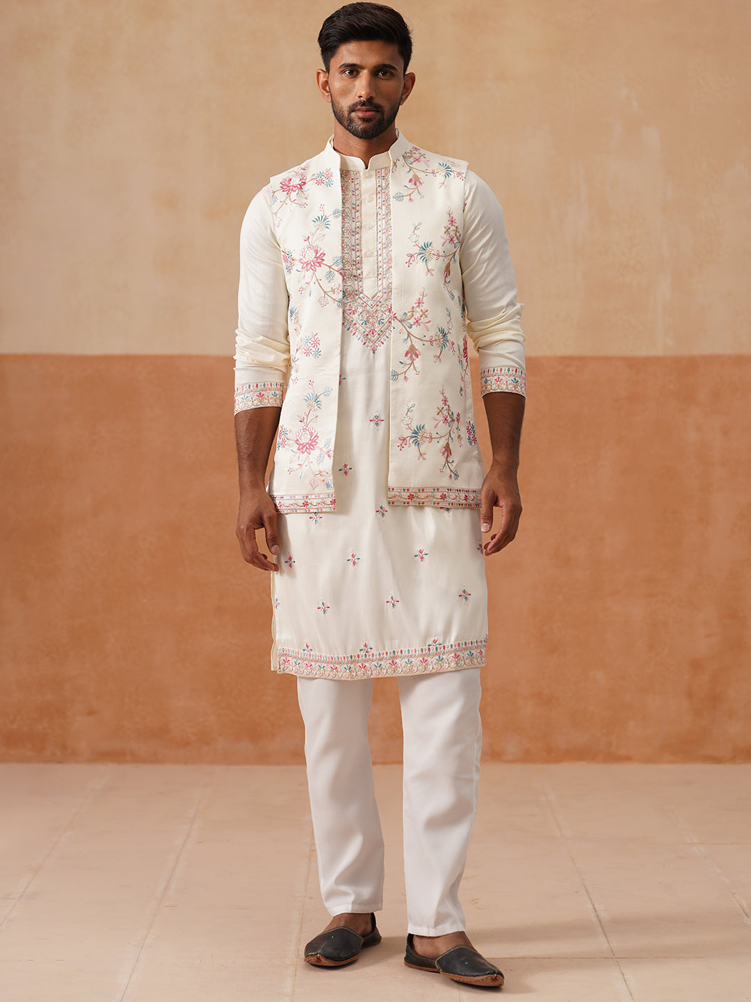 Ethnic Kurta Set with Multicolor Embroidery Jacket ( JOKPWCS 5275 White )