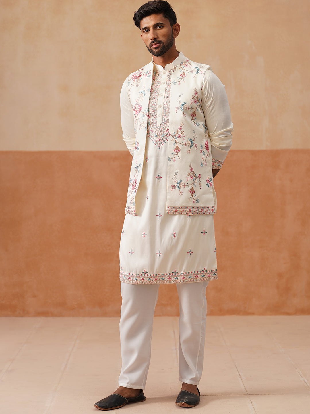 Ethnic Kurta Set with Multicolor Embroidery Jacket ( JOKPWCS 5275 White )