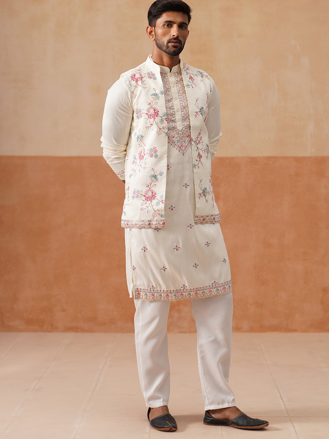 Ethnic Kurta Set with Multicolor Embroidery Jacket ( JOKPWCS 5275 White )