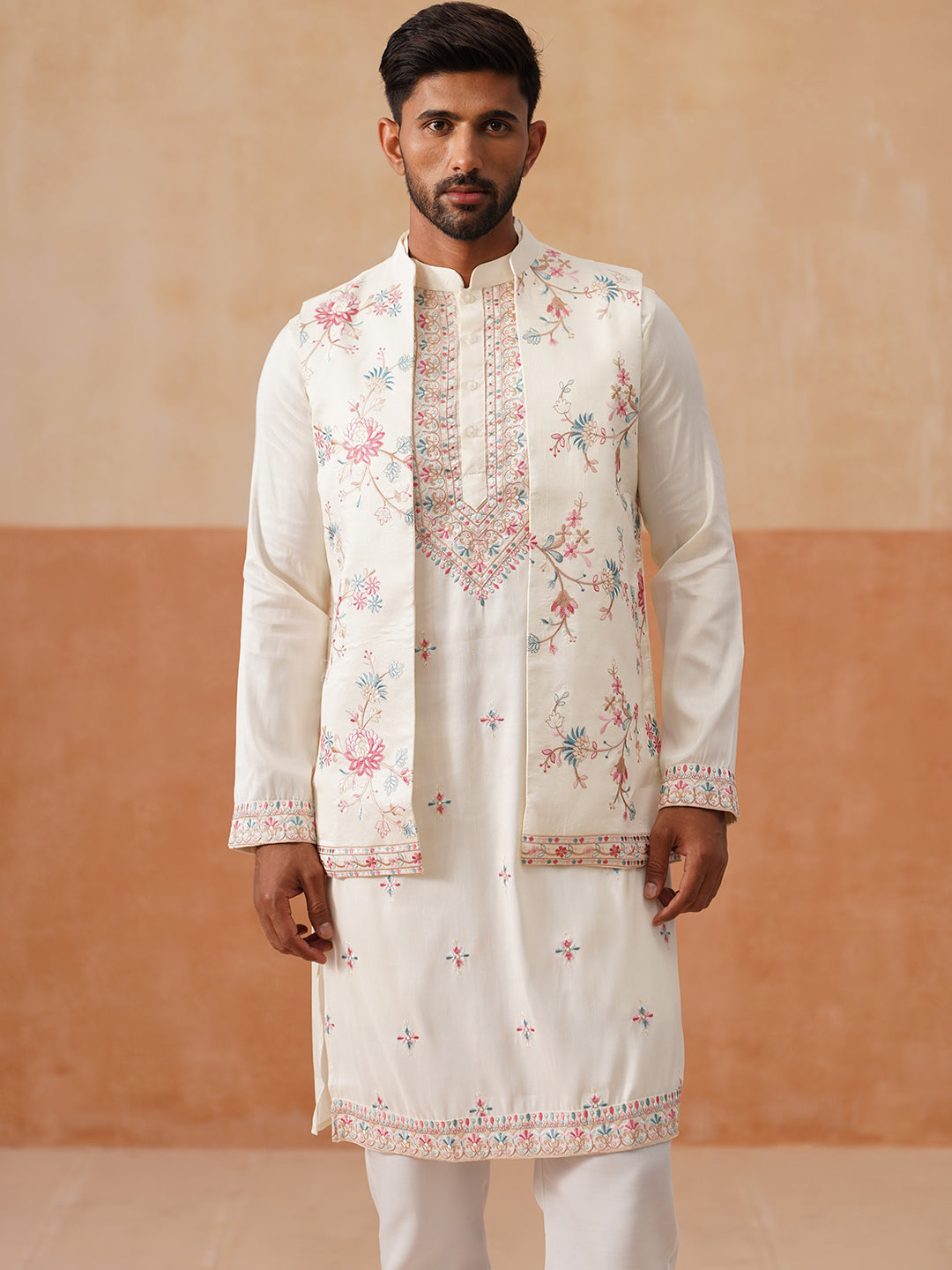 Ethnic Kurta Set with Multicolor Embroidery Jacket ( JOKPWCS 5275 White )