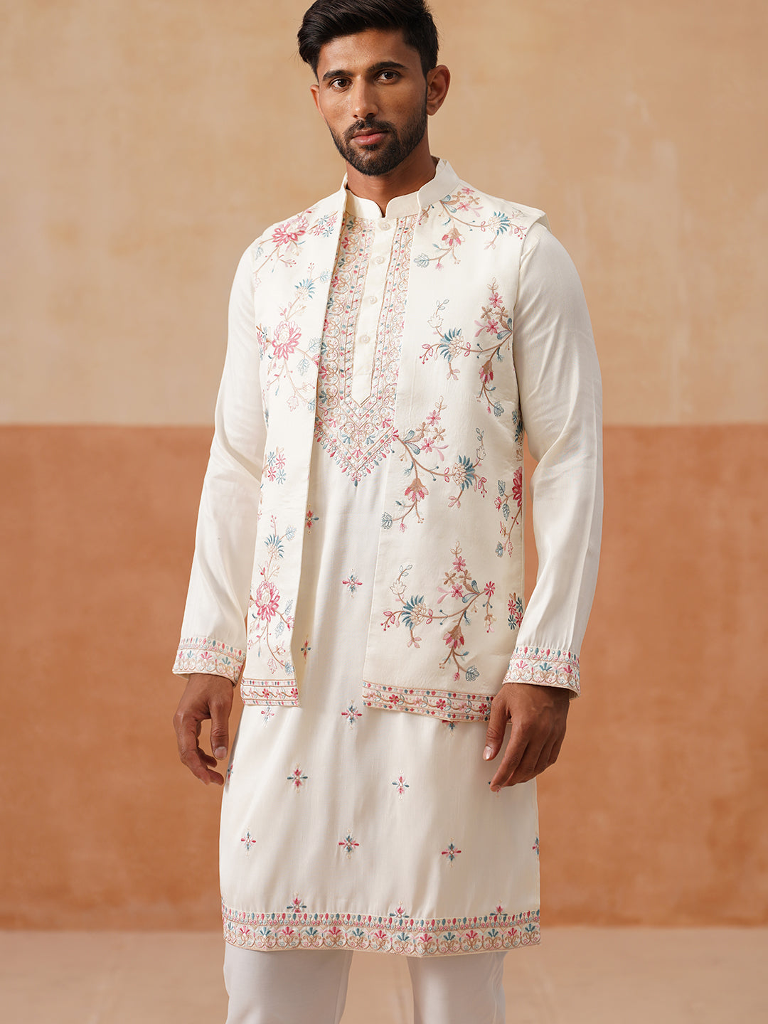 Ethnic Kurta Set with Multicolor Embroidery Jacket ( JOKPWCS 5275 White )