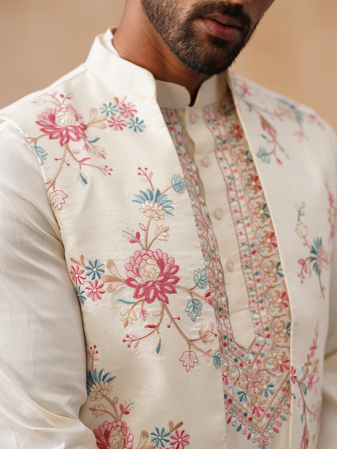 Ethnic Kurta Set with Multicolor Embroidery Jacket ( JOKPWCS 5275 White )