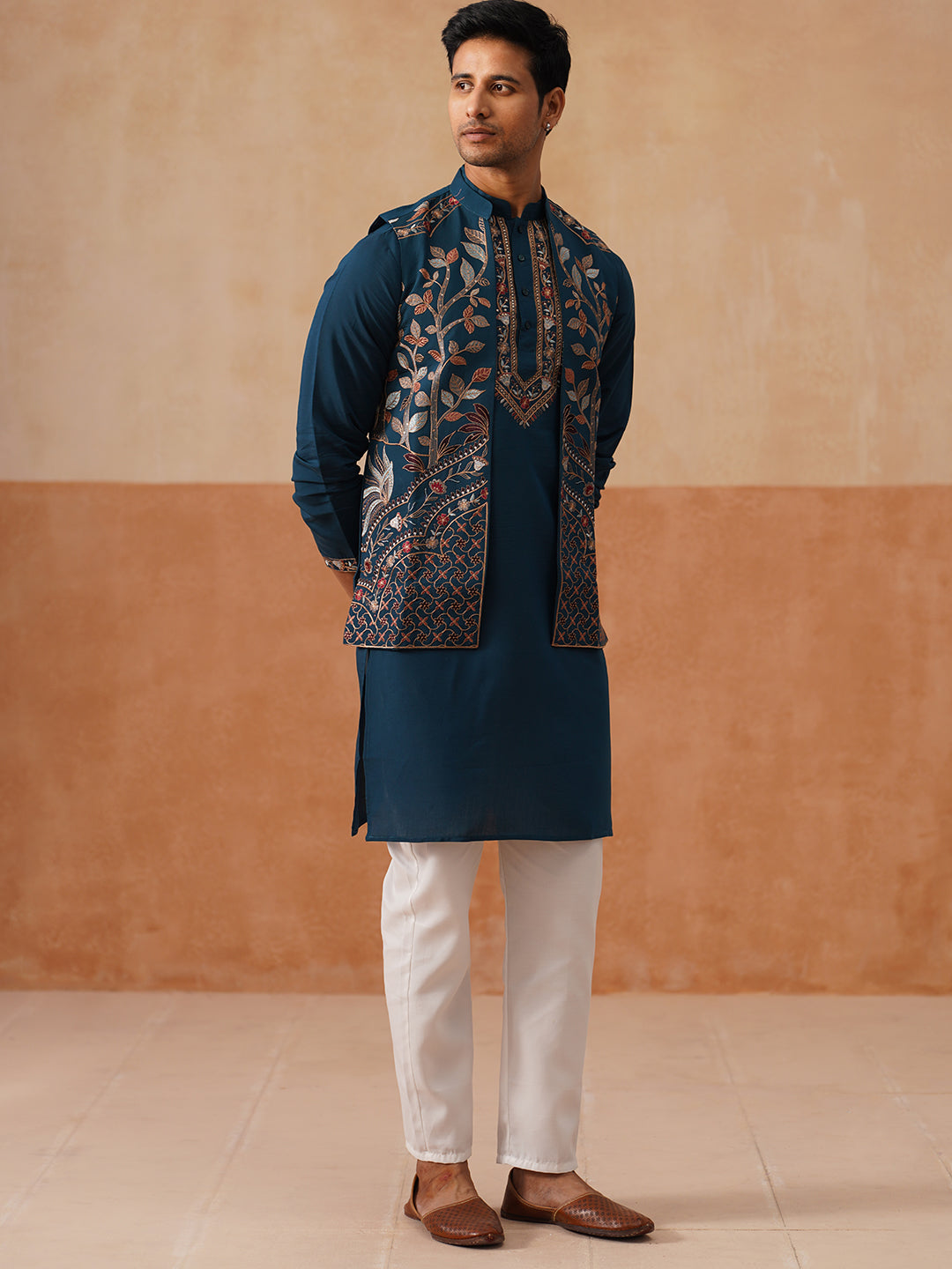 Elegant Leaf Embroidered Waistcoat with Kurta Pyjama ( JOKPWCS 5276 Peacock )
