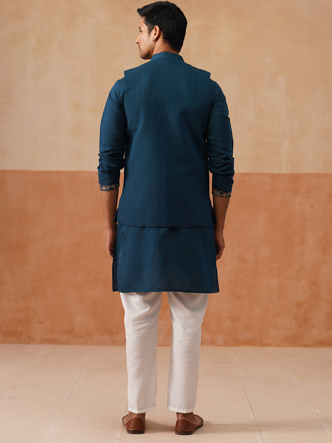 Elegant Leaf Embroidered Waistcoat with Kurta Pyjama ( JOKPWCS 5276 Peacock )