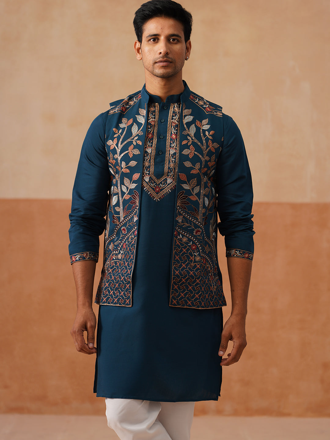 Elegant Leaf Embroidered Waistcoat with Kurta Pyjama ( JOKPWCS 5276 Peacock )