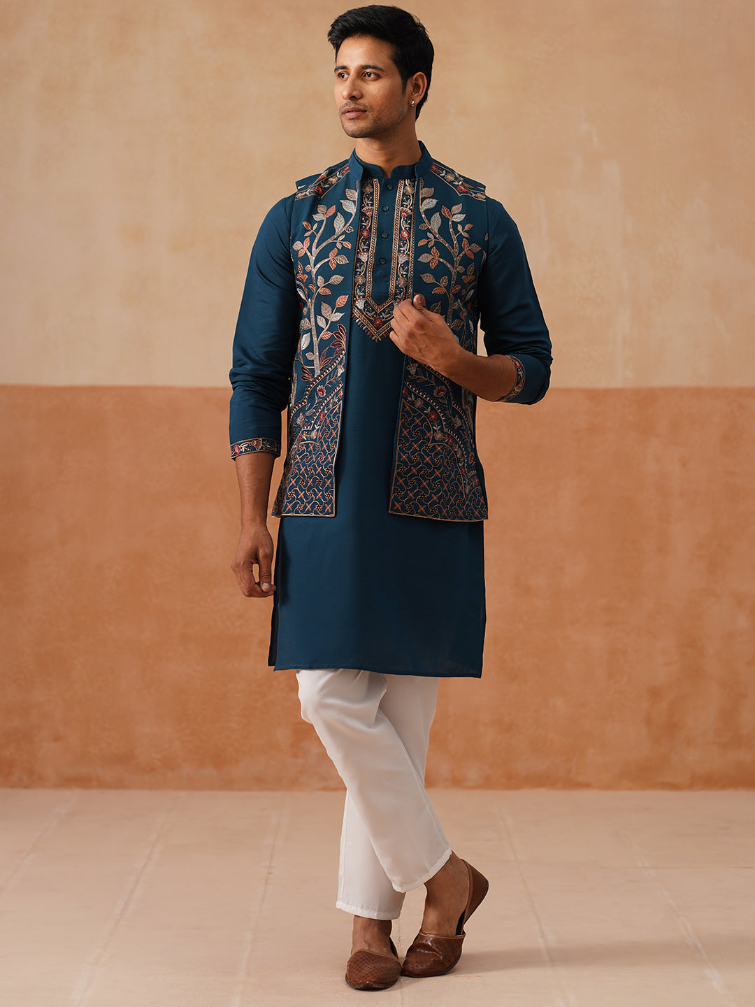 Elegant Leaf Embroidered Waistcoat with Kurta Pyjama ( JOKPWCS 5276 Peacock )